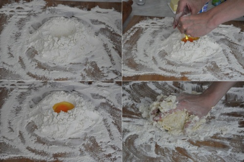 Flour Mountain With Hole \ Egg Poured Into Flour \ Flour Mountain With Egg \ Kneading